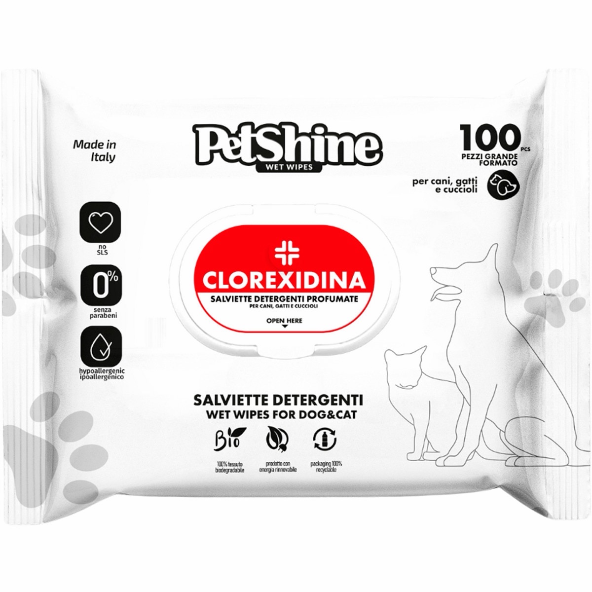 PetShine Salviette Detergenti Clorexidina per Cani e Gatti 100 pz - Igienizzanti, Deodoranti, 30x17 cm - Made in Italy